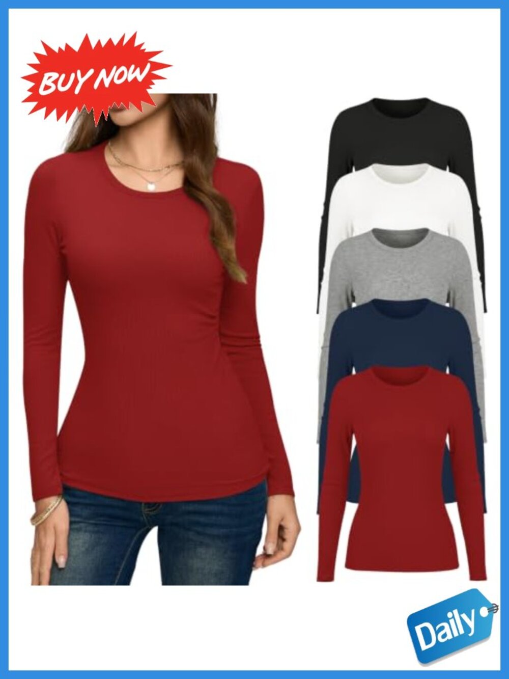 Ribbed Long Sleeve Crew Neck Tee 5 Pack Slim Fit Layering Top